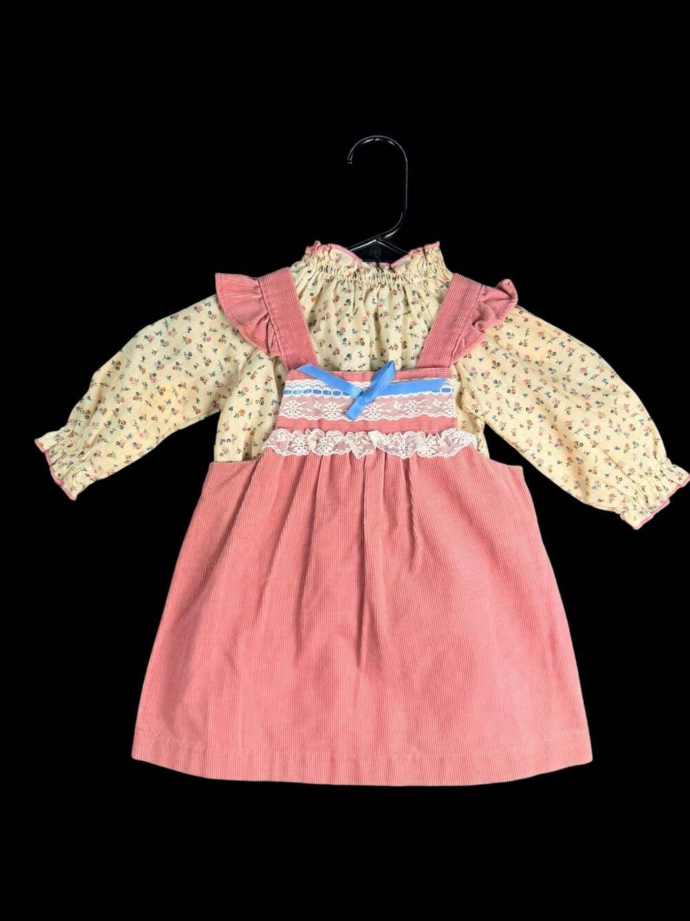 Vintage Girls Toddler Pink Corduroy Pinafore Jumper Dress with Floral Blouse